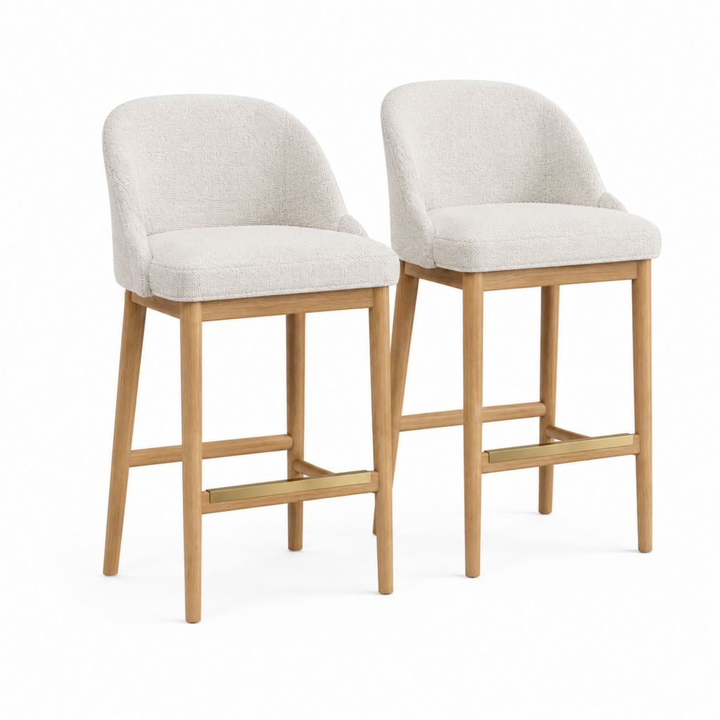 Set 2 sgabelli da bar beige in poliestere e rovere massello 50 x 55 x 96 cm