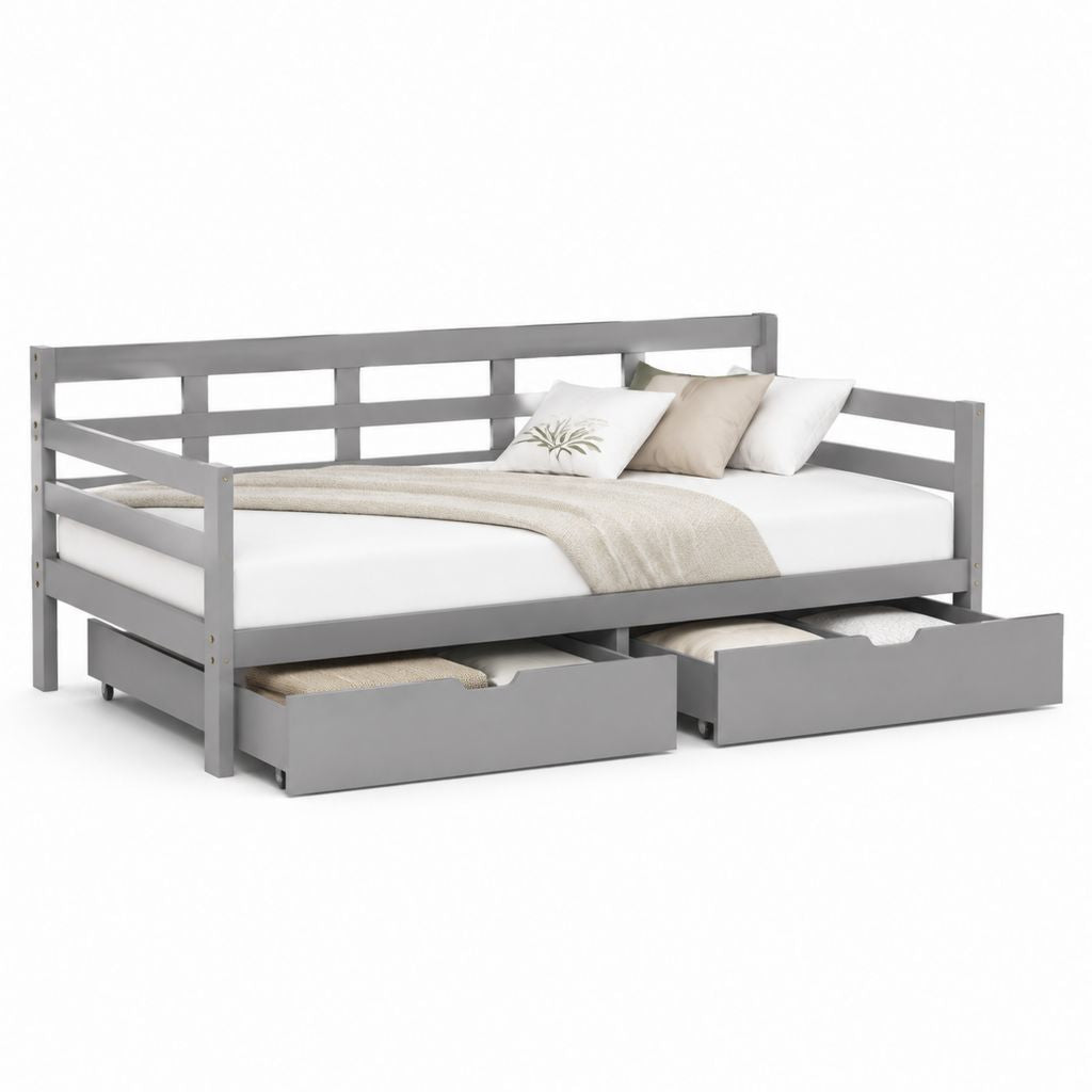 Letto singolo con 2 cassetti grigio in pino massello 90 x 200 cm