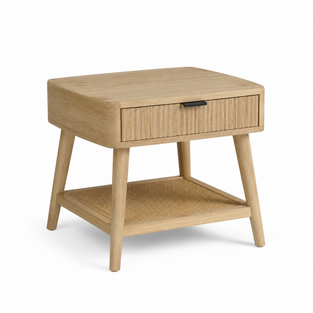 Tavolino laterale con cassetto rovere e rattan rettangolare 55 x 40 x 55 cm