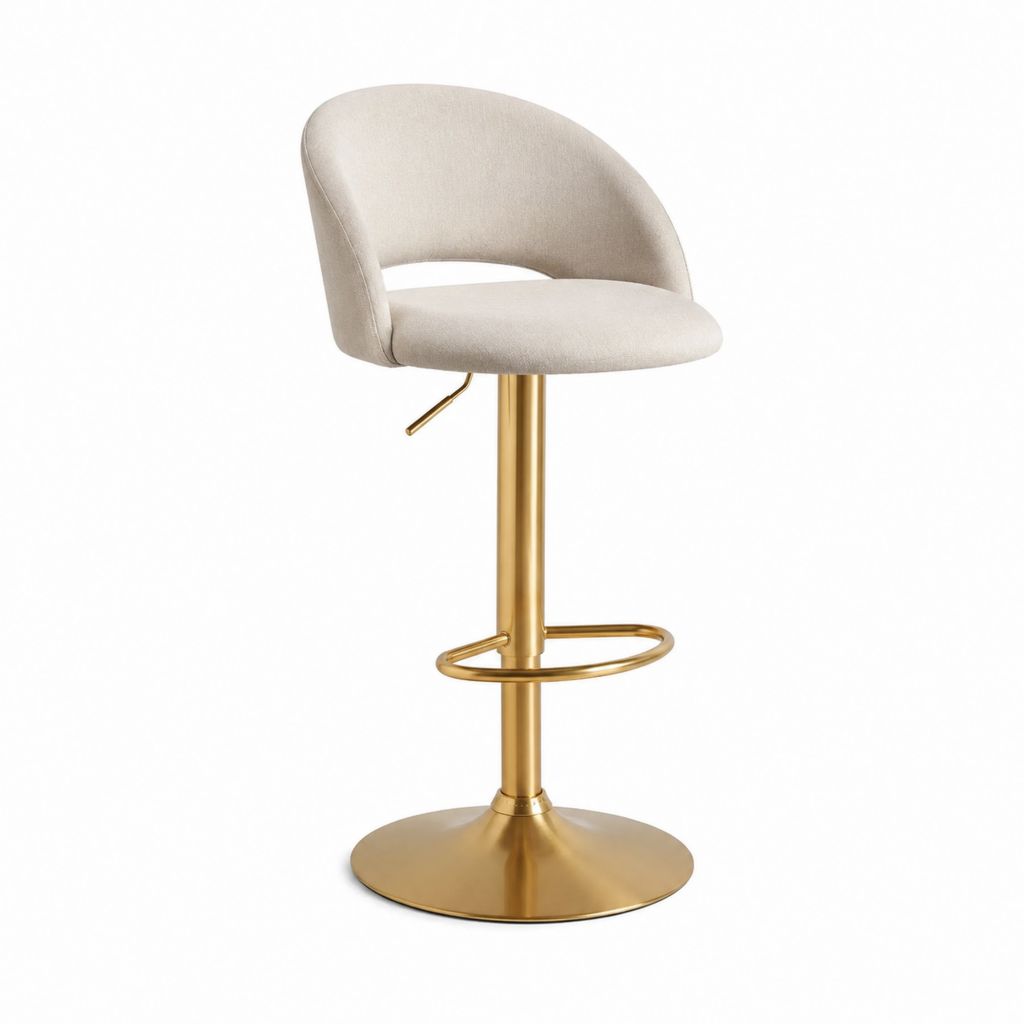 Sgabello da bar regolabile beige con rivestimento in poliestere base in acciaio dorato 50 x 52 x 90-112 cm
