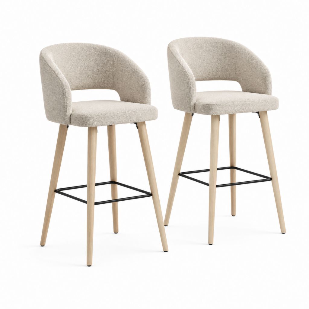 Set 2 sgabelli da bar beige in poliestere bouclé e legno massello di faggio 50 x 52 x 96 cm
