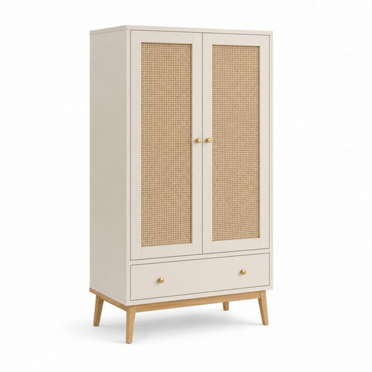 Armadio guardaroba a 2 ante bianco crema in MDF e rattan 90 x 50 x 180 cm
