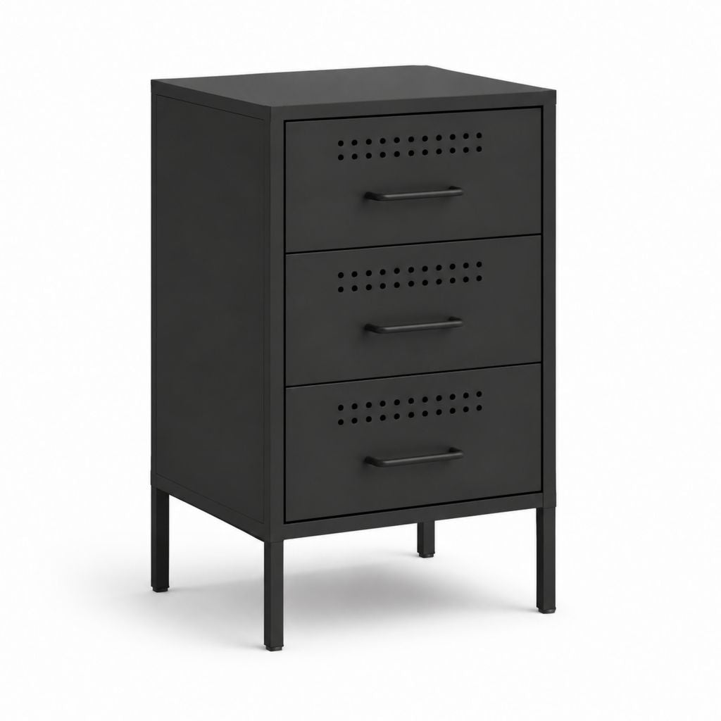 Comodino 3 cassetti nero in lamiera d'acciaio rettangolare 40 x 35 x 70 cm