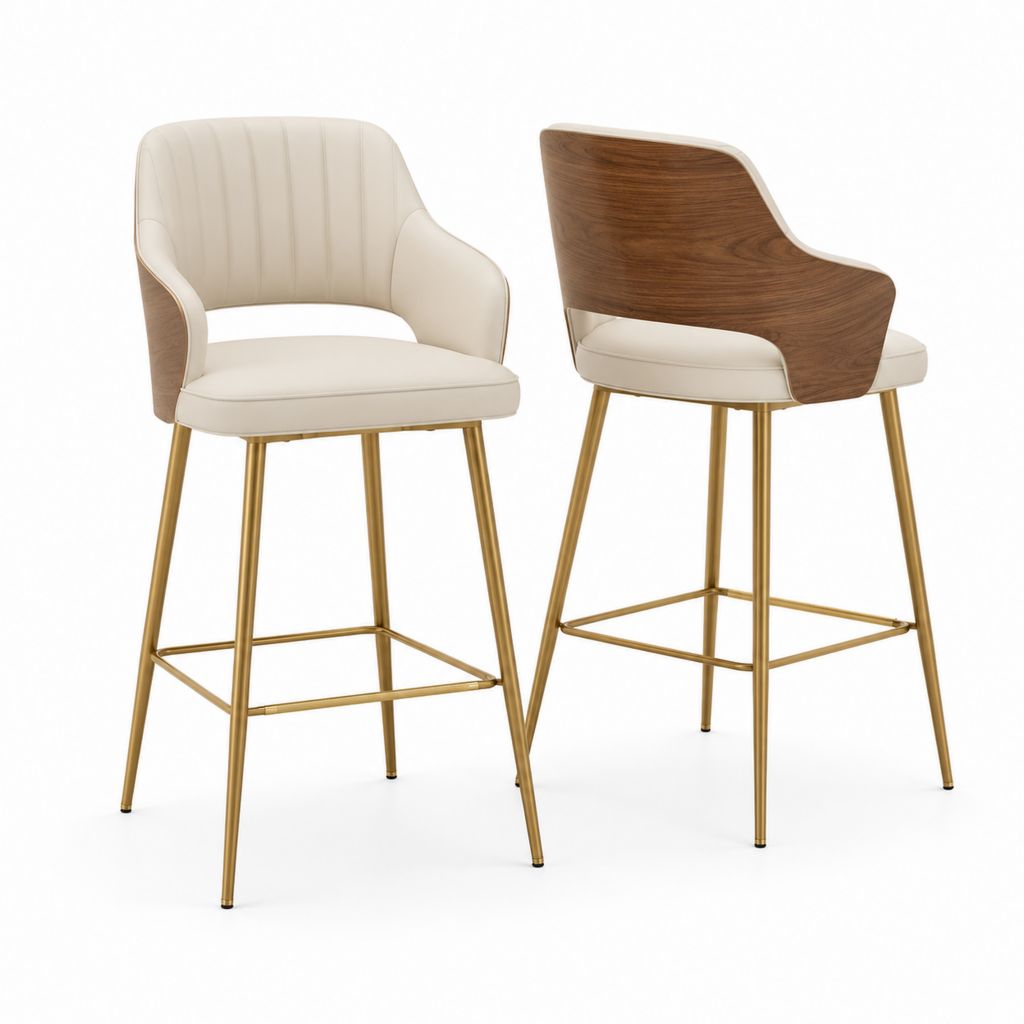 Set di 2 sgabelli da bar con braccioli crema in ecopelle PU e impiallacciatura di noce 52 x 54 x 100 cm