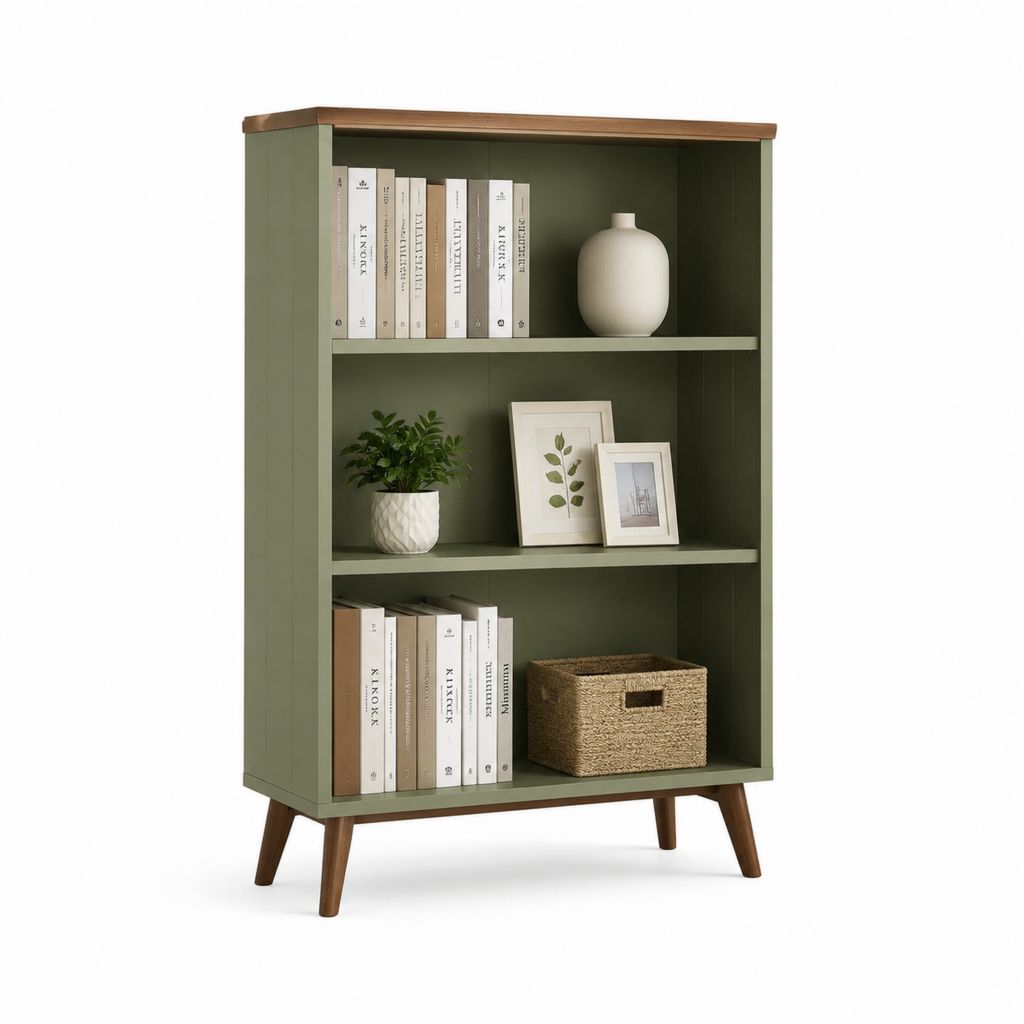 Libreria a giorno rettangolare verde in MDF con gambe in legno massello 80 x 35 x 140 cm