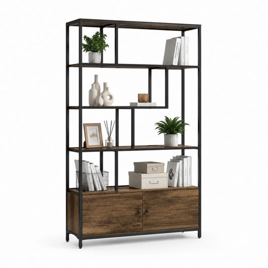 Libreria a giorno con credenza marrone rustico e nero in pannelli MDF e acciaio 80 x 30 x 180 cm
