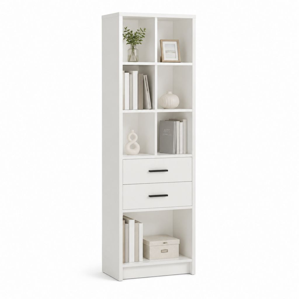 Libreria bianca in pannello truciolare nobilitato rettangolare con 7 vani e 2 cassetti 60 x 30 x 180 cm