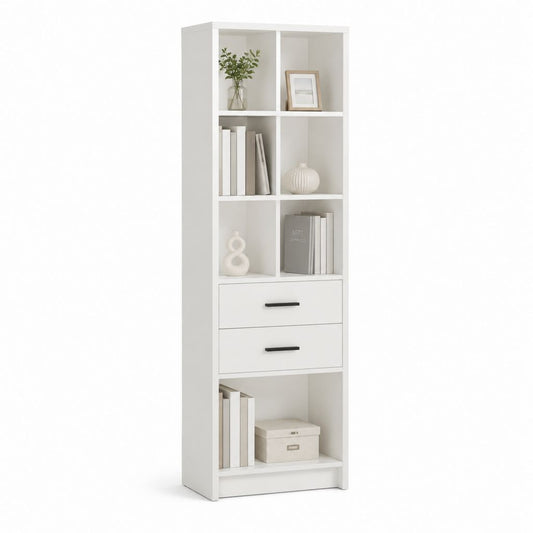 Libreria bianca in pannello truciolare nobilitato rettangolare con 7 vani e 2 cassetti 60 x 30 x 180 cm