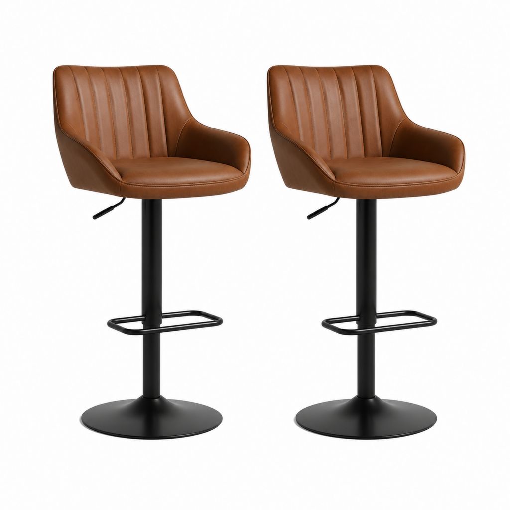 Set di 2 sgabelli da bar regolabili marrone in pelle PU con base rotonda in acciaio 50 x 55 x 90-111 cm