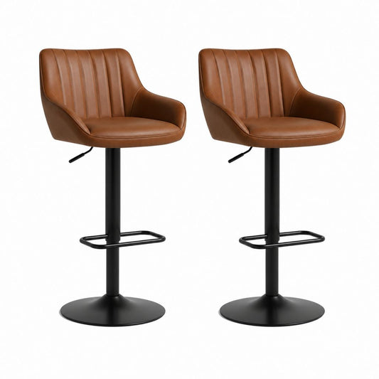 Set di 2 sgabelli da bar regolabili marrone in pelle PU con base rotonda in acciaio 50 x 55 x 90-111 cm