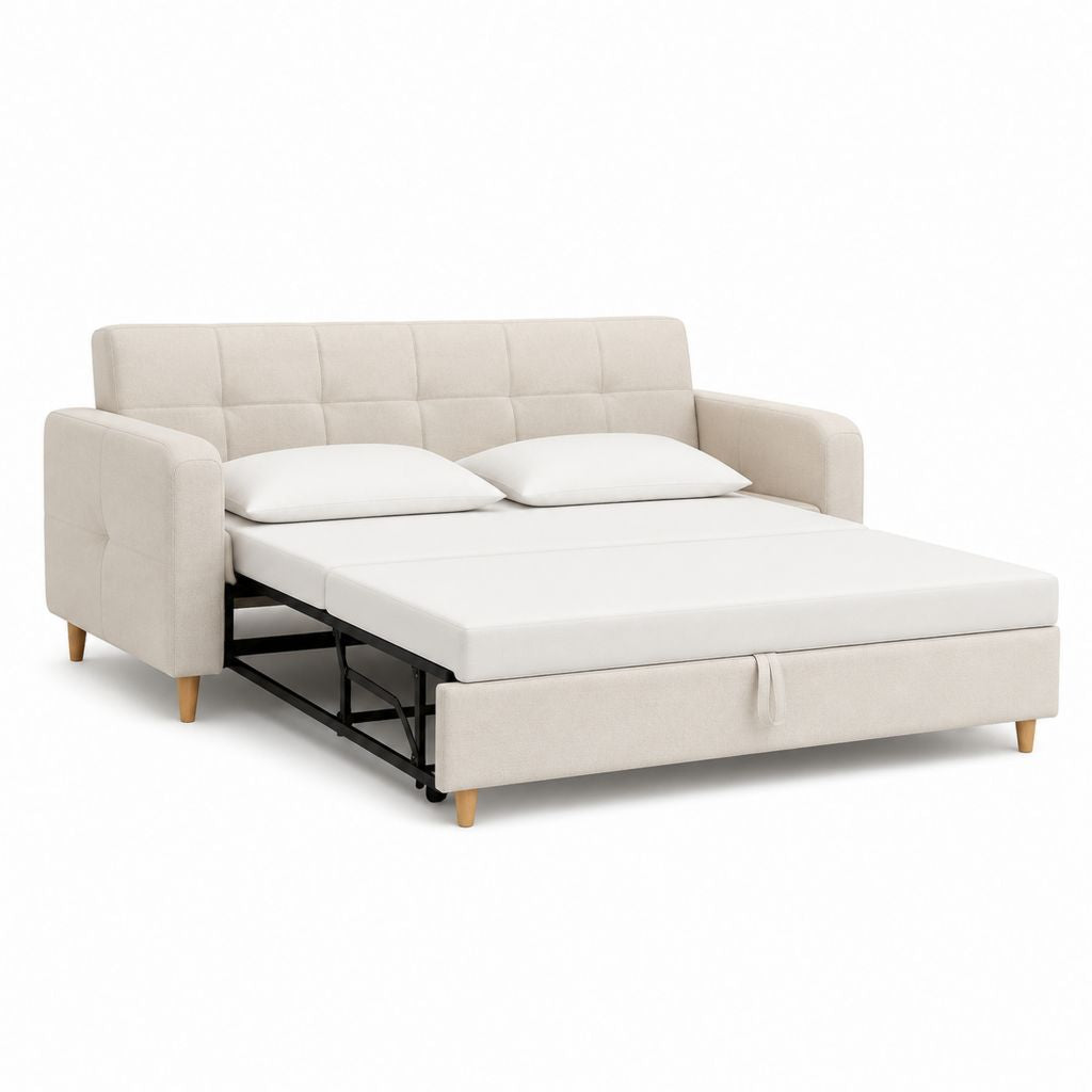 Divano letto estraibile 3 posti beige in poliestere con struttura in acciaio 200 x 90 x 86 cm