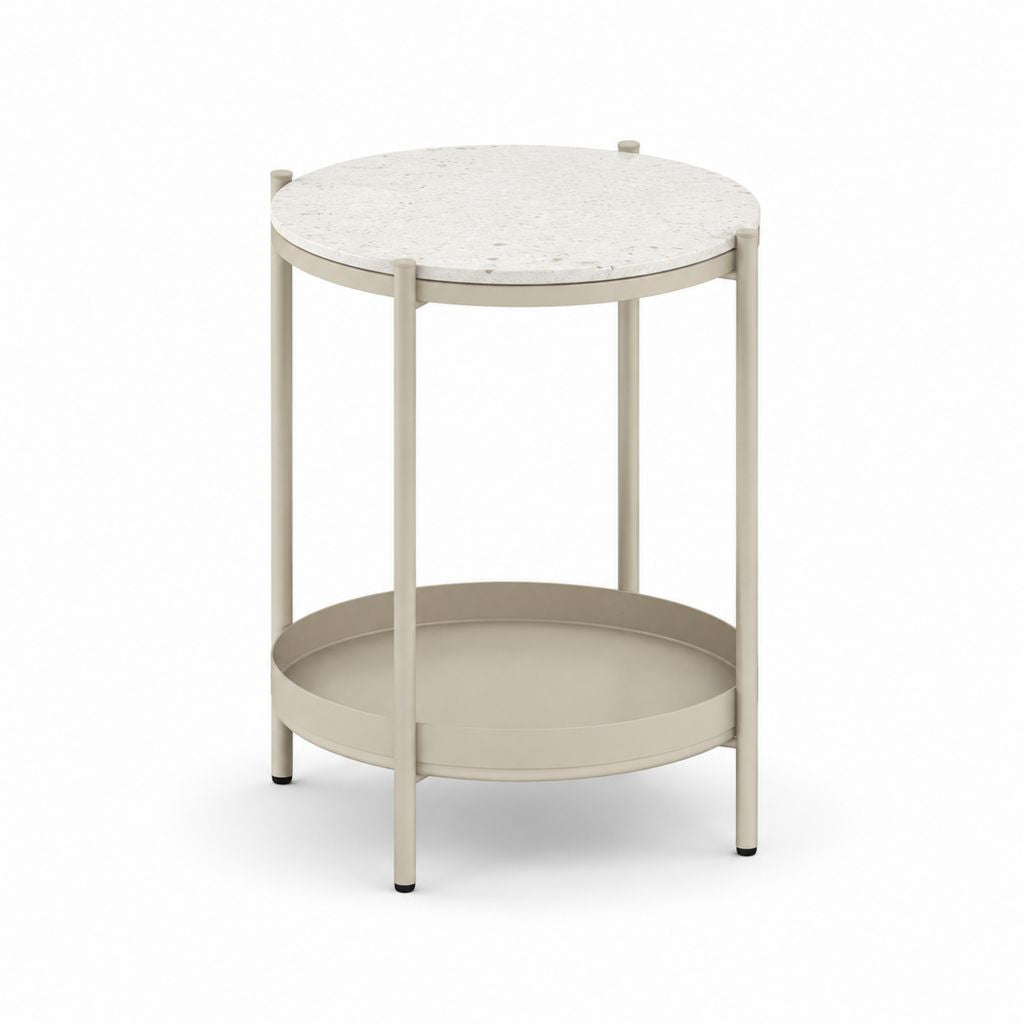 Tavolino laterale rotondo beige in acciaio e piano in pietra composita Ø 45 cm x H 55 cm