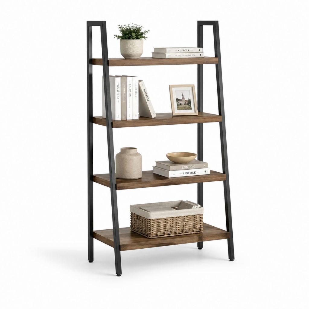 Libreria a scala 4 ripiani marrone e nero in pannelli MDF e acciaio 80 x 35 x 180 cm