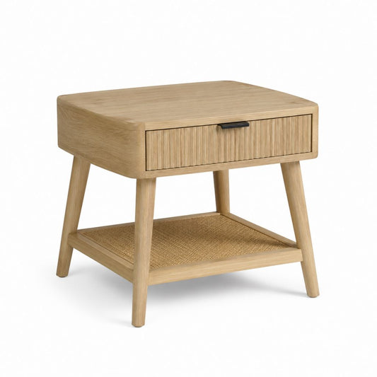 Tavolino laterale con cassetto rovere e rattan rettangolare 55 x 40 x 55 cm