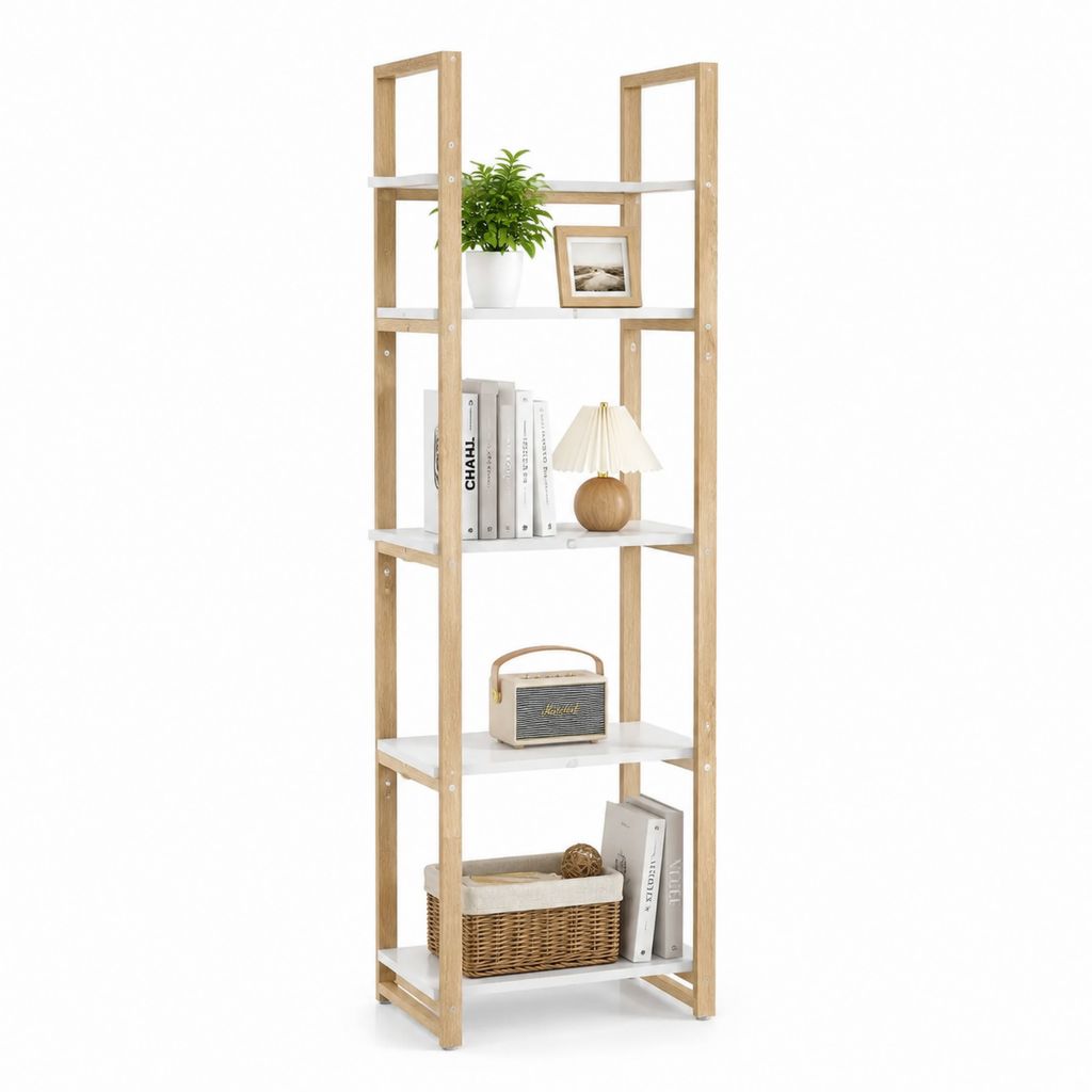 Libreria a 5 Ripiani in Bambù Massello e MDF Bianco 60 x 30 x 180 cm